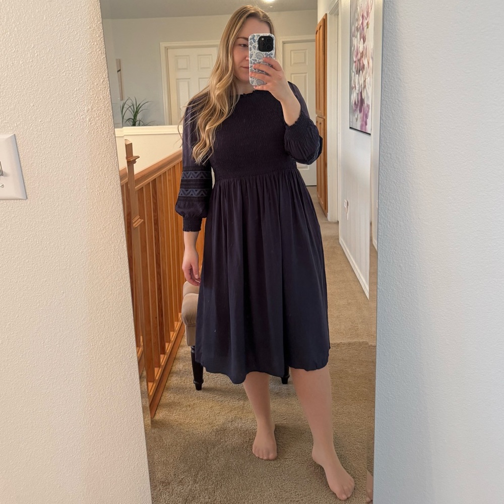Navy Smocked Midi Dress with Embroidered Sleeves